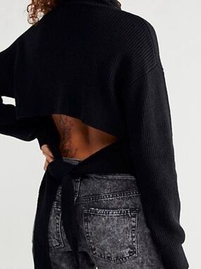 Free People Beach Sweater M Tie Back Turtleneck Open Long Sleeve Black Knit